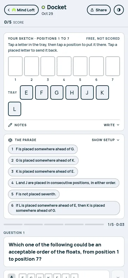 Docket at phone size: The Parade's sketch row, letter tray and six conditions above question 1 of 5