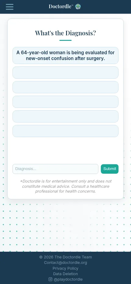 Doctordle at phone size: the day's first clue about a 64-year-old woman, five empty rows and the diagnosis box with Submit