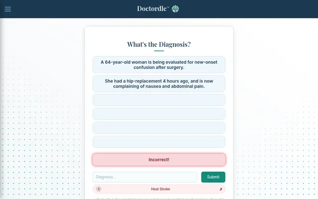 Doctordle board for 20 October 2026: a 64-year-old woman confused after surgery, a second clue shown after a wrong guess of Heat Stroke, four rows still empty