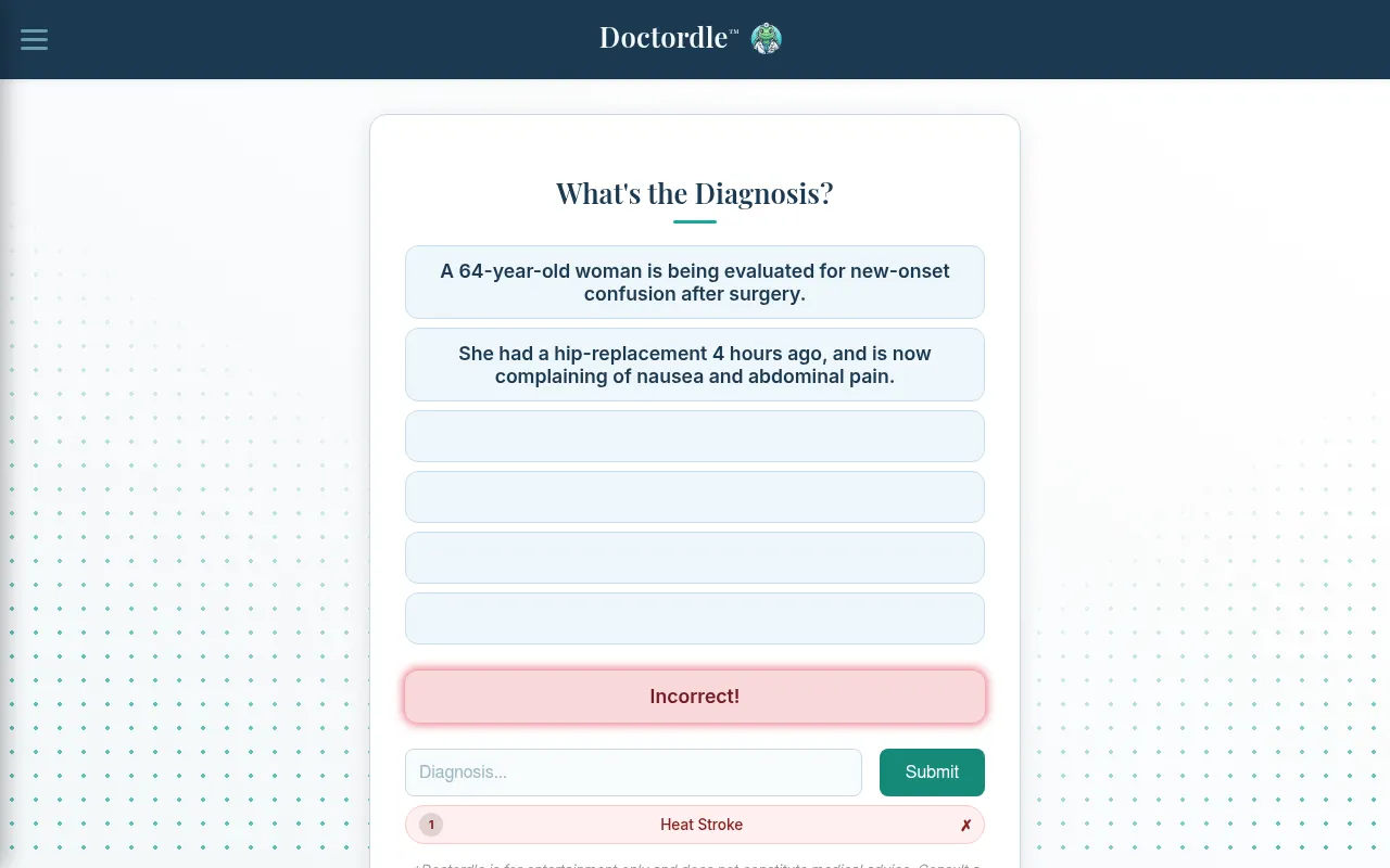 Doctordle board for 20 October 2026: a 64-year-old woman confused after surgery, a second clue shown after a wrong guess of Heat Stroke, four rows still empty