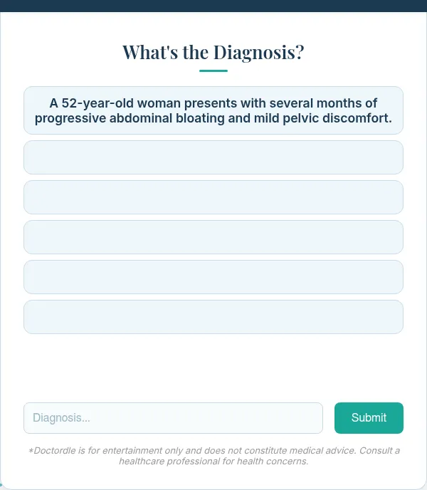Doctordle board: What's the Diagnosis? with the first clue about a 52-year-old woman with abdominal bloating, five empty clue rows and a diagnosis box