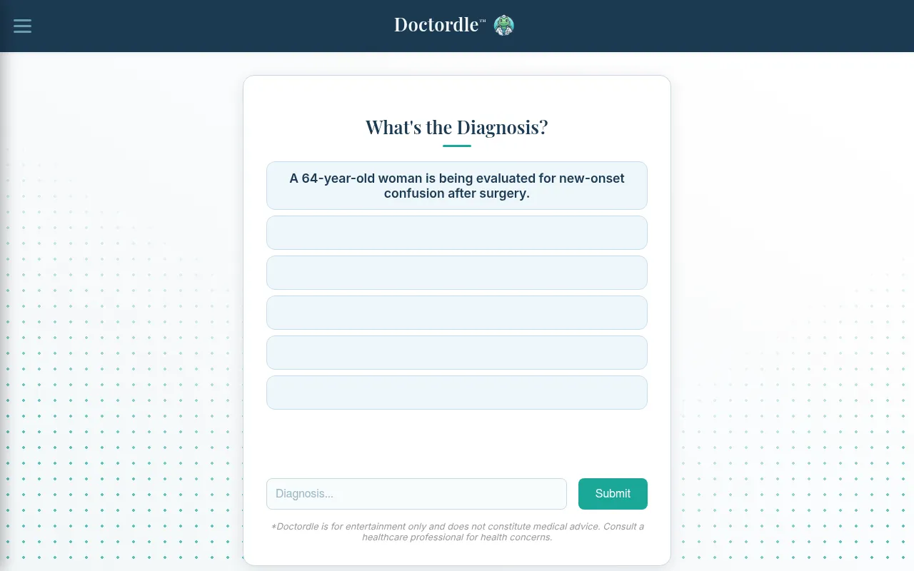 Doctordle at desktop size: What's the Diagnosis? with the day's first clue, five empty clue rows and the diagnosis box
