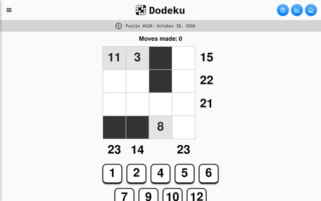 Dodeku puzzle #628 for October 18, 2026 on a desktop: a 4x4 grid with four black squares, the given 11, 3 and 8, row sums 15, 22, 21 and column sums 23, 14, 23, above the tray of number tiles