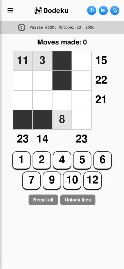 Dodeku puzzle #628 at phone size: the same 4x4 sum grid with the tiles 1 to 12 in the tray and the Recall all and Unlock tiles buttons