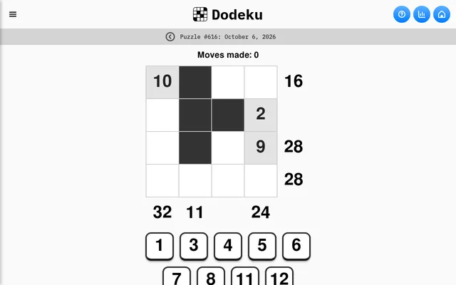 Dodeku puzzle #616 for October 6, 2026: a 4x4 grid with black squares, a few given numbers and row and column sum targets, above the number tiles to place