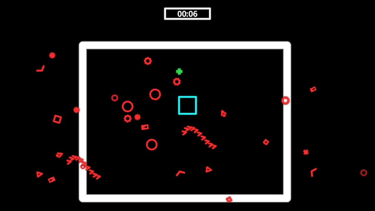 Dodgeon: a cyan square in a white-walled arena surrounded by red neon projectiles of many shapes, with a survival timer at 00:06