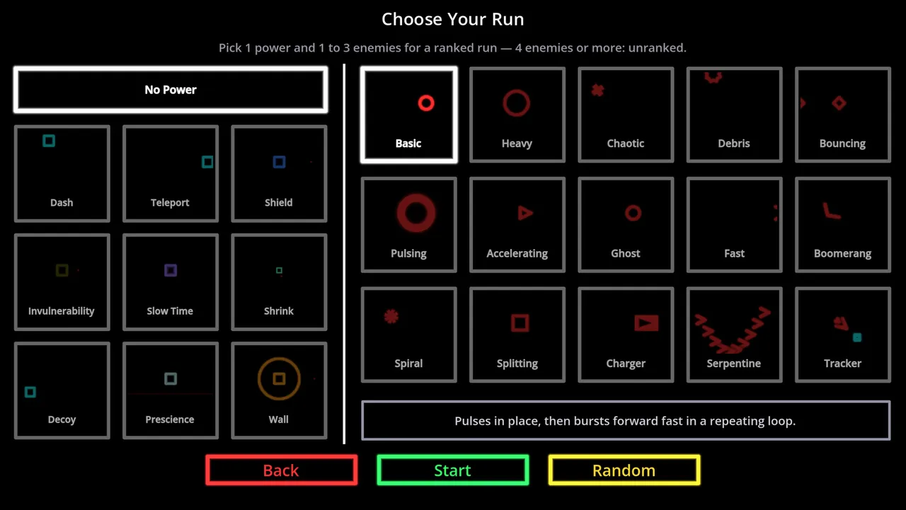 Dodgeon's Choose Your Run screen: nine powers on the left, fifteen enemy types on the right