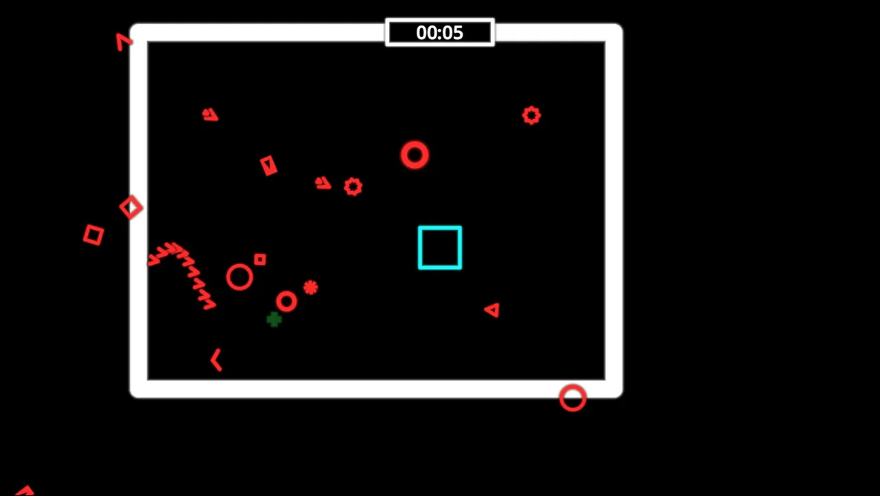 Dodgeon mid-run: the cyan square in the arena among red rings, arrows, spirals and splitting shapes, timer at 00:05