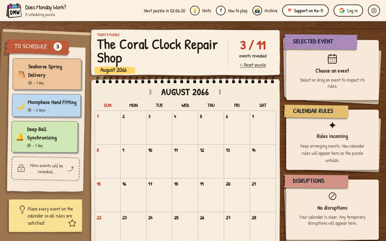 Does Monday Work? daily puzzle The Coral Clock Repair Shop: three events in the To Schedule pile beside a blank August 2066 calendar, with Selected Event, Calendar Rules and Disruptions panels