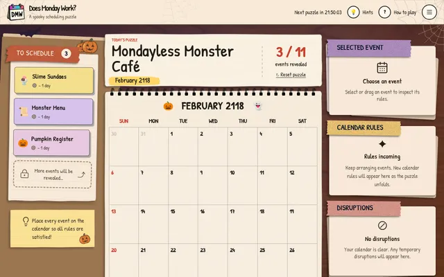 Does Monday Work? puzzle of 22 October 2026, Mondayless Monster Café: three events to schedule beside a blank February 2118 calendar, Halloween styling, rules and disruptions panels