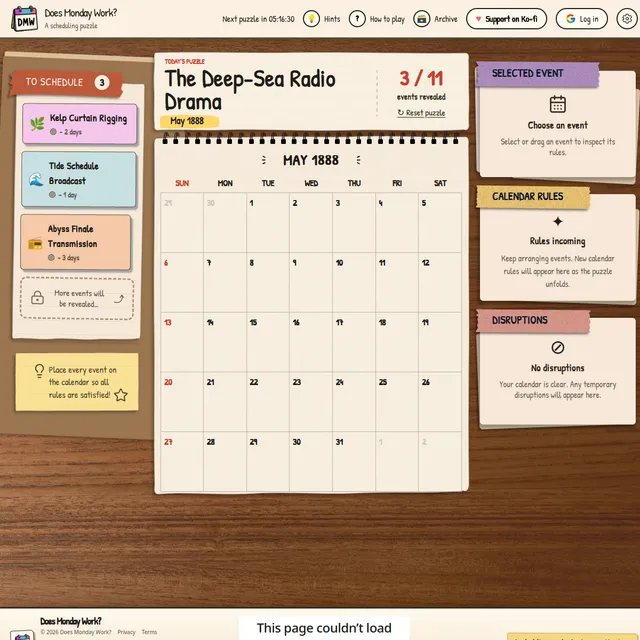 Does Monday Work? puzzle The Deep-Sea Radio Drama with events to schedule, a May 1888 calendar and rule panels