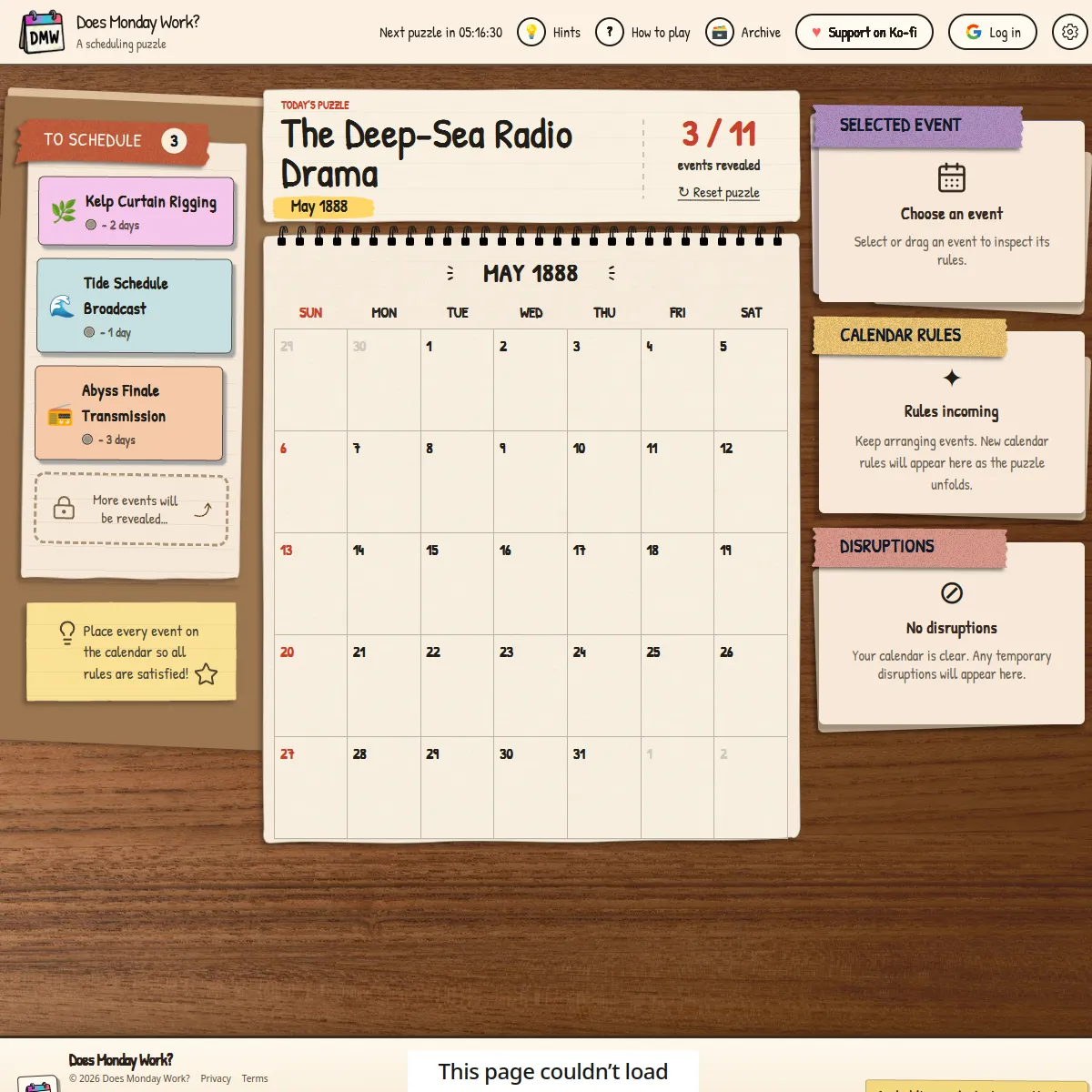 Does Monday Work? puzzle The Deep-Sea Radio Drama with events to schedule, a May 1888 calendar and rule panels