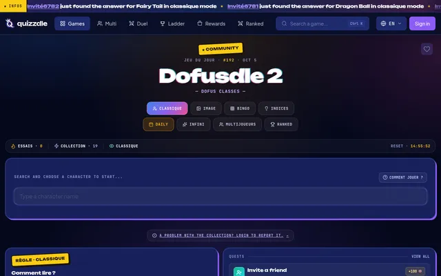 Dofusdle 2, Dofus Classes, game of the day for Oct 5: Classic, Image, Bingo and Hints tabs, a reset countdown and the class search box