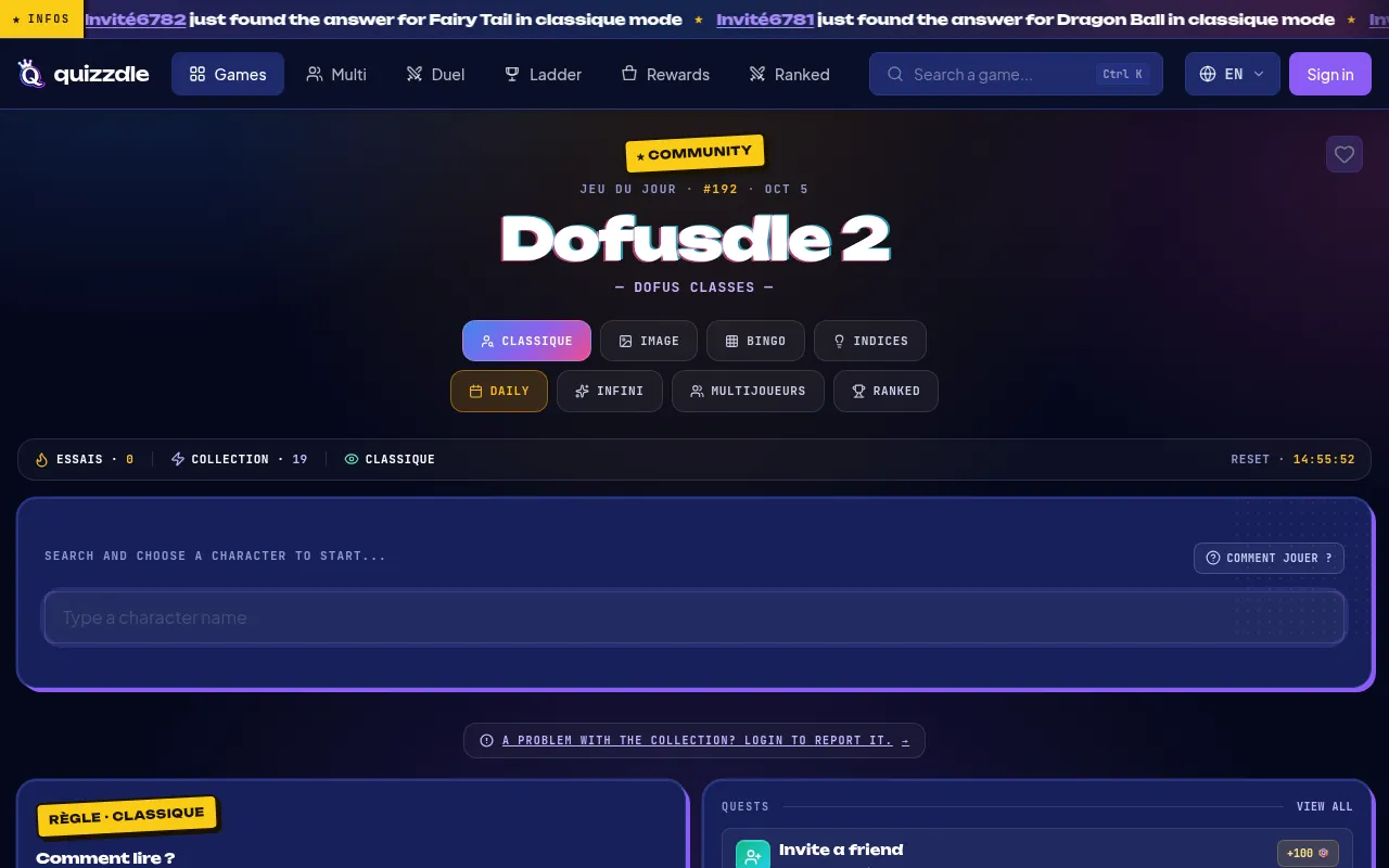 Dofusdle 2, Dofus Classes, game of the day for Oct 5: Classic, Image, Bingo and Hints tabs, a reset countdown and the class search box