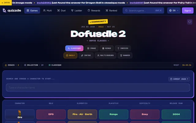 Dofusdle 2 puzzle #213 for Oct 25 in Classic mode: a guessed Cra row with role, elements, playstyle, difficulty and release year coloured green or red against the day's class