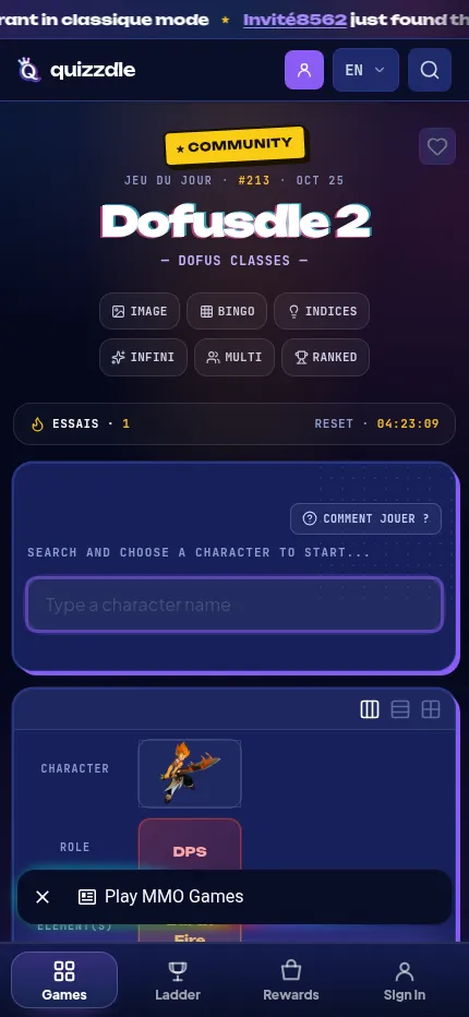 Dofusdle 2 at phone size on Oct 25: puzzle #213, mode buttons, the class search box and a first guess, Iop, shown as a vertical column of clues
