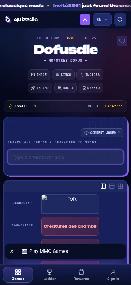 Dofusdle #285 on a phone after guessing Tofu: the mode buttons, the reset countdown and the guess shown as a column of attributes