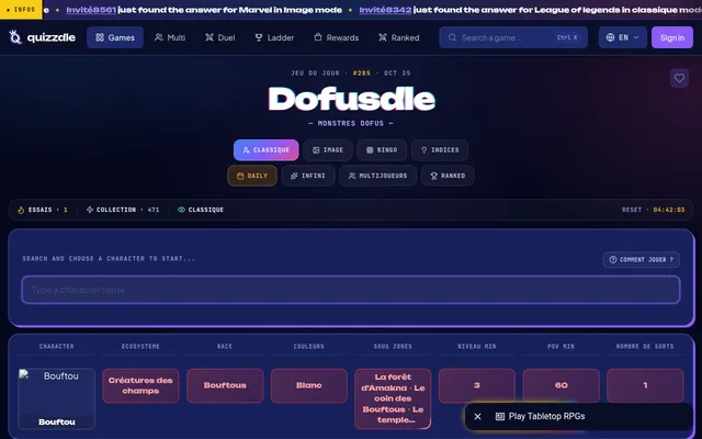 Dofusdle #285 for Oct 25 in Classic mode after one guess, Bouftou, its ecosystem, race, colours, sub-zones, level, health and spell columns all marked red