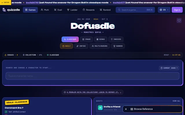 Dofusdle game of the day #264 for Oct 5: Classic, Image, Bingo and Hints tabs, a reset countdown, a collection of 471 monsters and the character search box