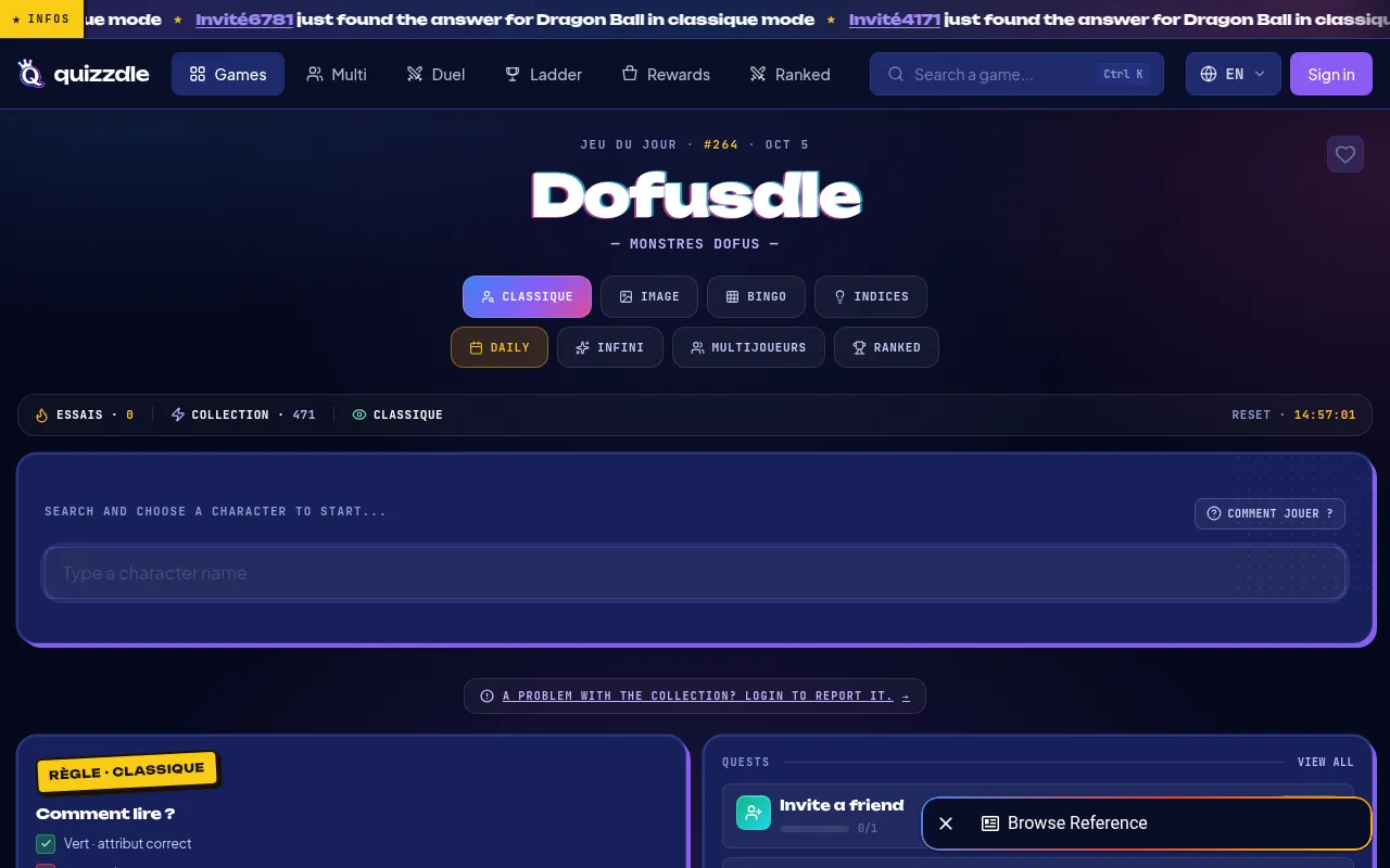 Dofusdle game of the day #264 for Oct 5: Classic, Image, Bingo and Hints tabs, a reset countdown, a collection of 471 monsters and the character search box