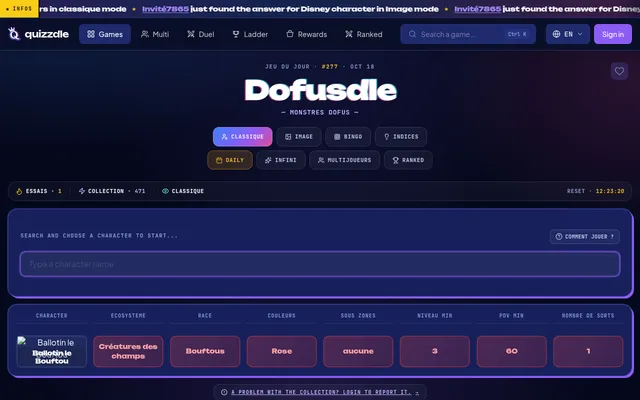 Dofusdle #277 for Oct 18 in Classic mode after one guess, Ballotin le Bouftou, with its ecosystem, race, colours, sub-zones, level, health and spell columns marked red