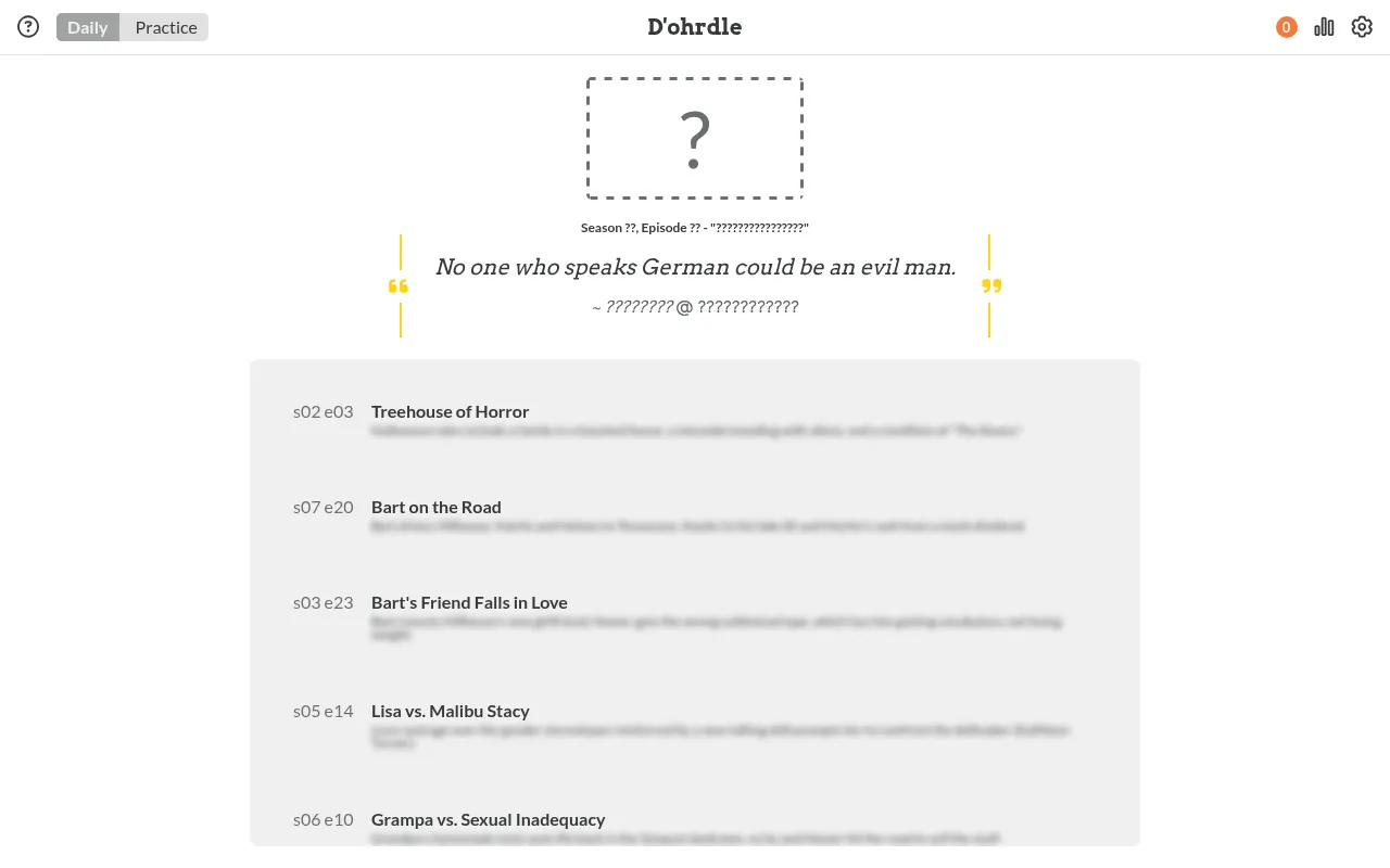 D'ohrdle's daily board on 30 October 2026: a hidden episode box, the quote No one who speaks German could be an evil man, and the list of Simpsons episodes to pick from