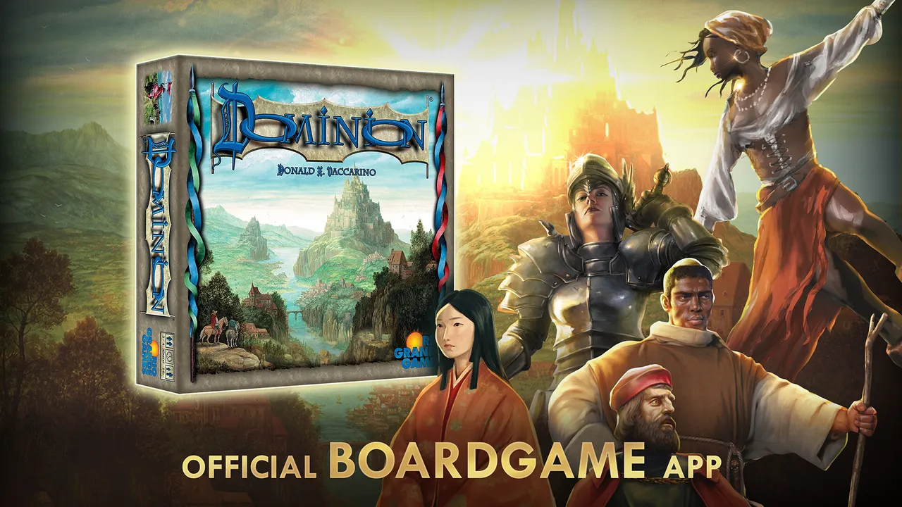 Dominion box art with the game's characters, captioned Official Boardgame App