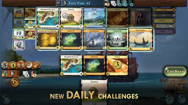 Dominion game board with a Kingdom of cards such as Temple, Grotto and Gondola, captioned New Daily Challenges