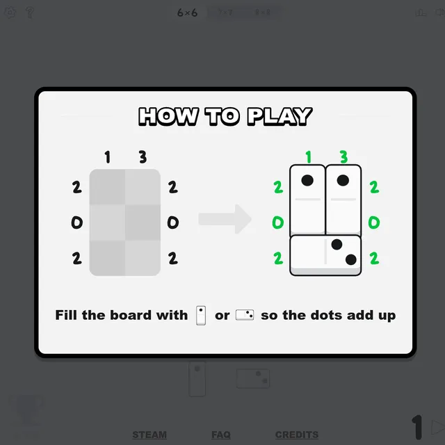 Domino Fit how-to-play: an empty grid with row and column targets, then the same grid filled with dominoes whose dots add up