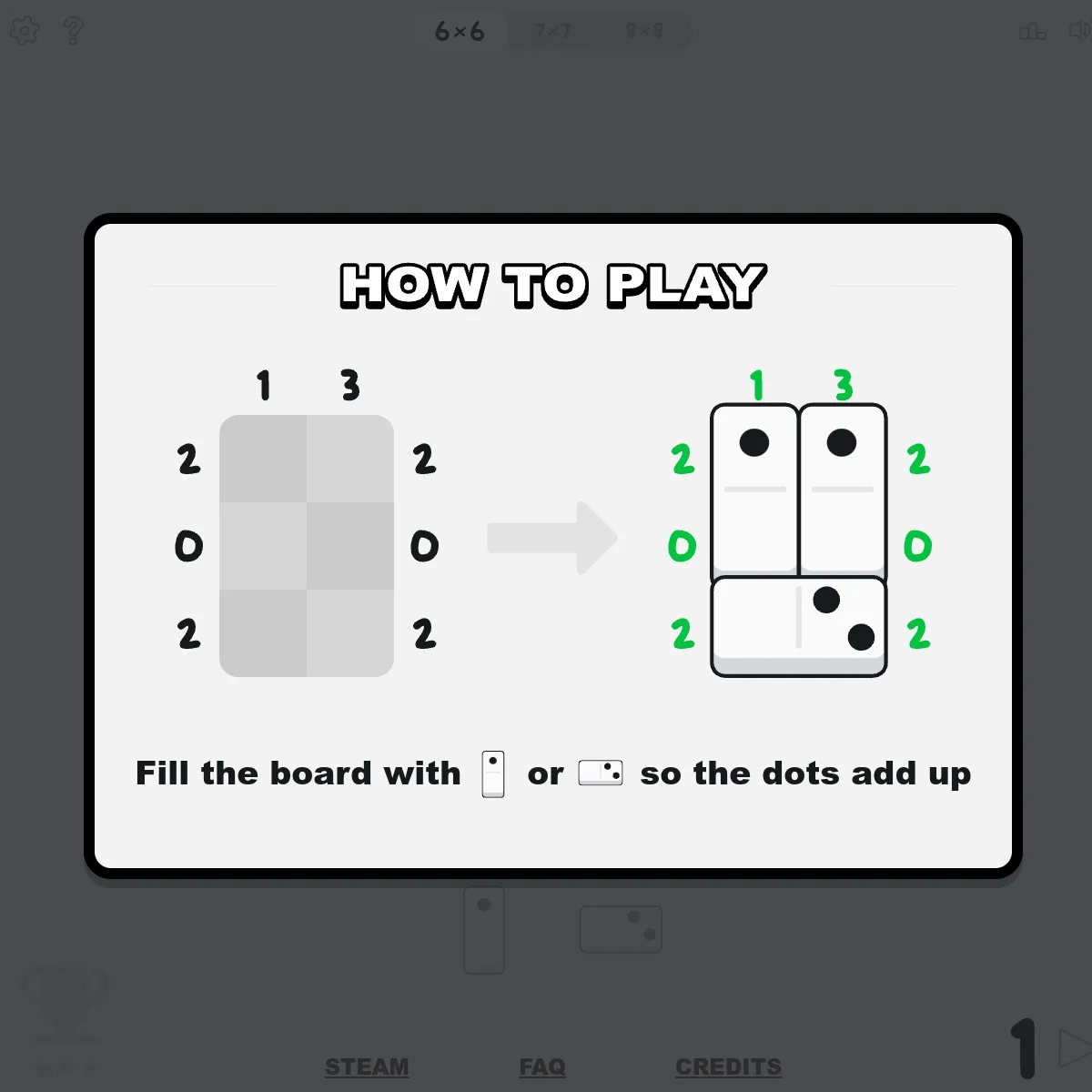 Domino Fit how-to-play: an empty grid with row and column targets, then the same grid filled with dominoes whose dots add up