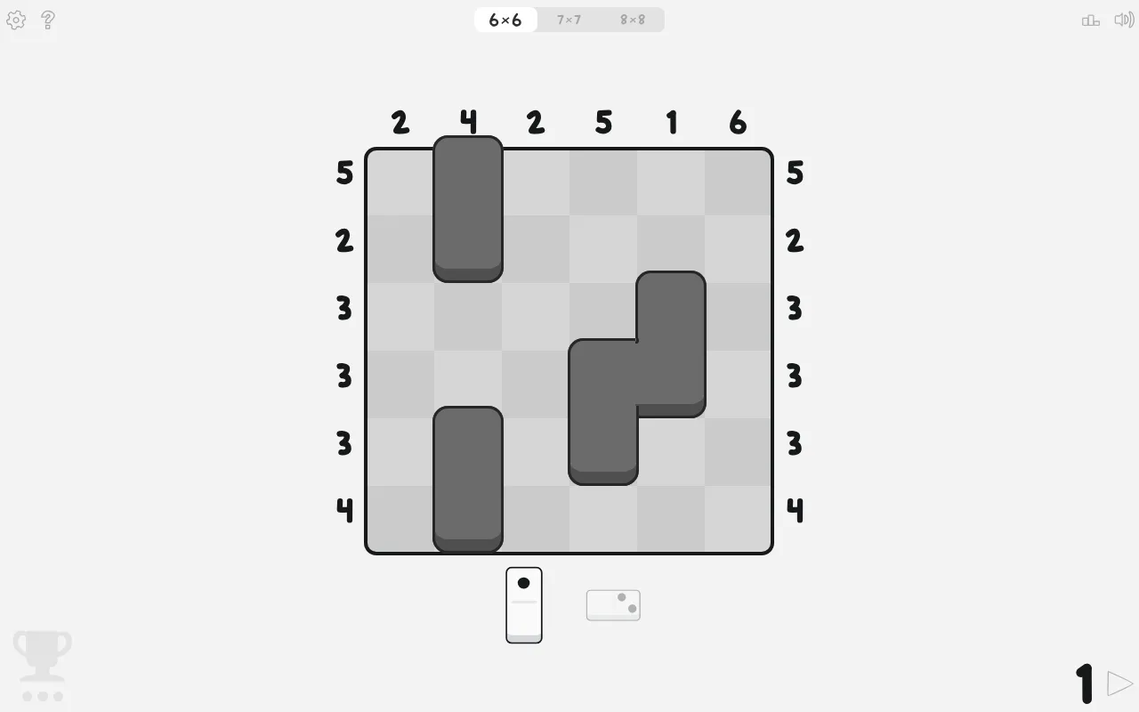 Today's Domino Fit 6x6 board on desktop: row and column targets, four blocked squares, and the upright 0-1 and sideways 0-2 dominoes below