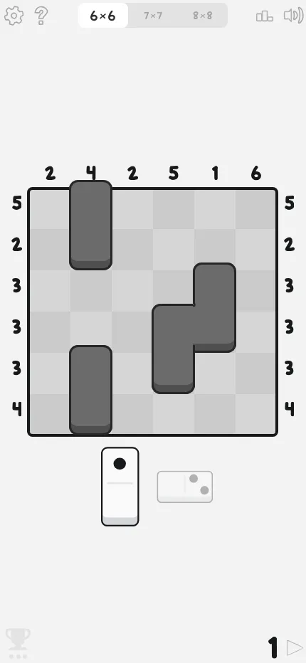 The same Domino Fit 6x6 daily board at phone size, with the size tabs at the top