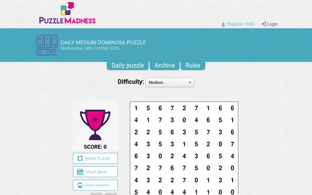 The PuzzleMadness Daily Medium Dominosa page for 28 October 2026, a 9 by 8 grid of numbers 0 to 7 beside the score panel