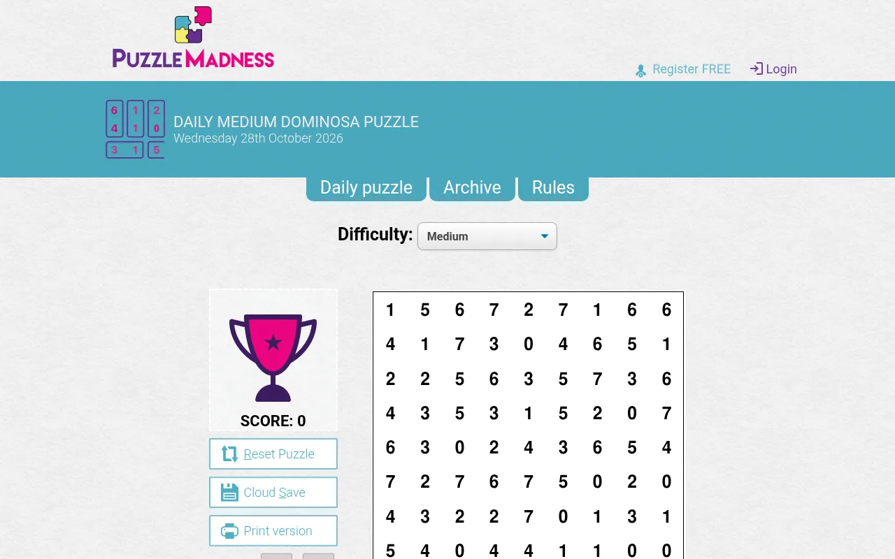 The PuzzleMadness Daily Medium Dominosa page for 28 October 2026, a 9 by 8 grid of numbers 0 to 7 beside the score panel