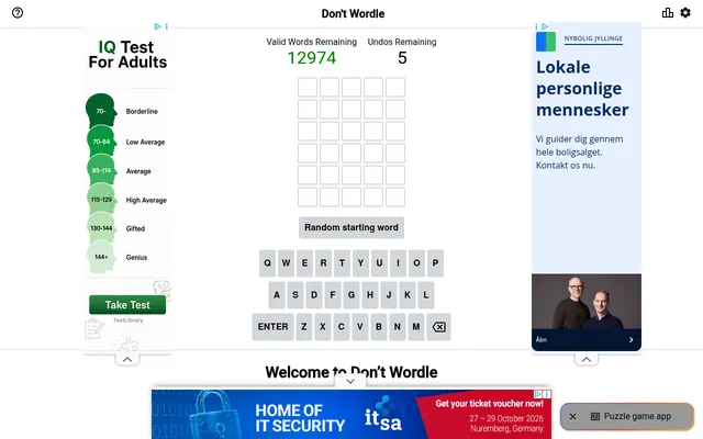 Don't Wordle's empty board: Valid Words Remaining 12974 and Undos Remaining 5 above a six-row Wordle-style grid, the Random starting word button and the on-screen keyboard