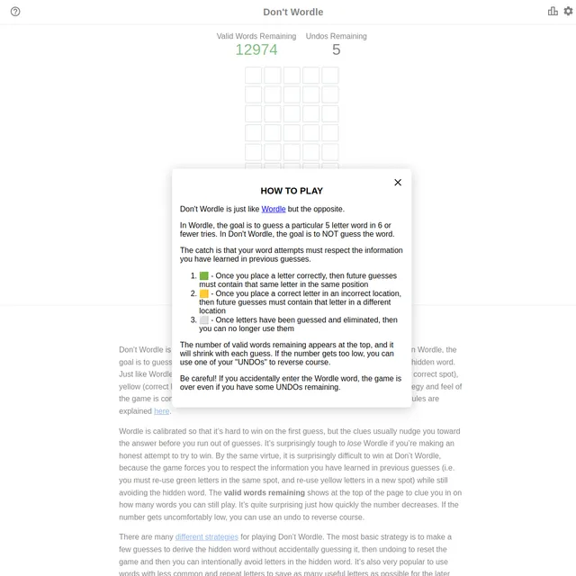Don't Wordle screen: a six-row by five-column Wordle grid with Valid Words Remaining 12974 and Undos Remaining 5 shown above it, and a How To Play panel explaining that the goal is to avoid guessing t