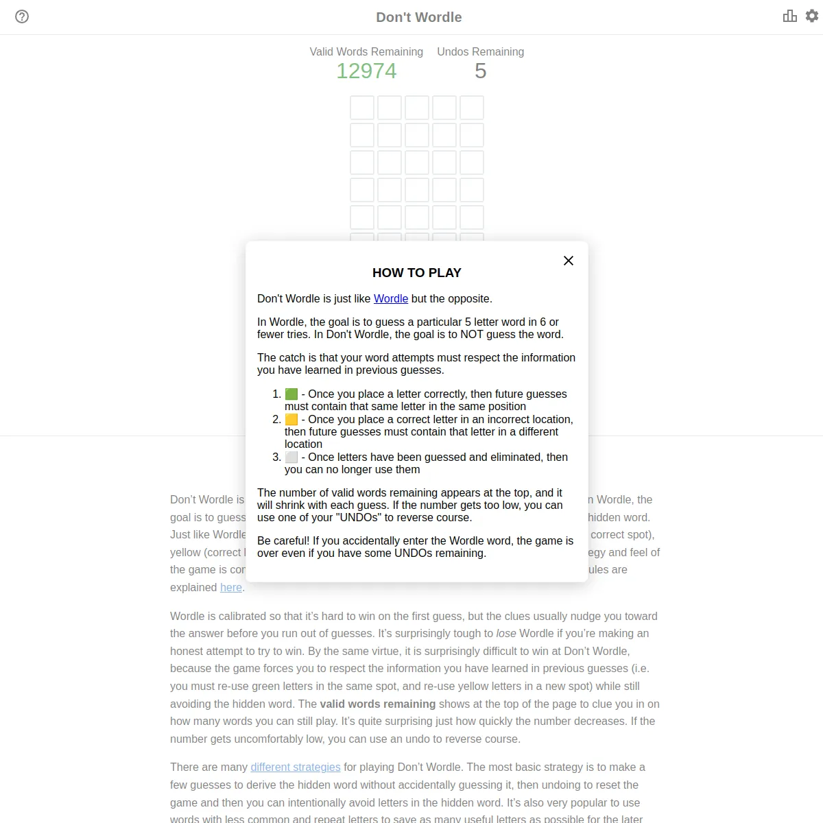 Don't Wordle screen: a six-row by five-column Wordle grid with Valid Words Remaining 12974 and Undos Remaining 5 shown above it, and a How To Play panel explaining that the goal is to avoid guessing t