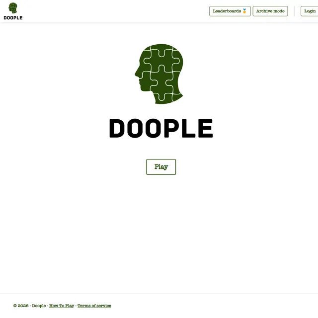 Doople home page with its green puzzle-head logo, a Play button, and Leaderboards and Archive mode links.