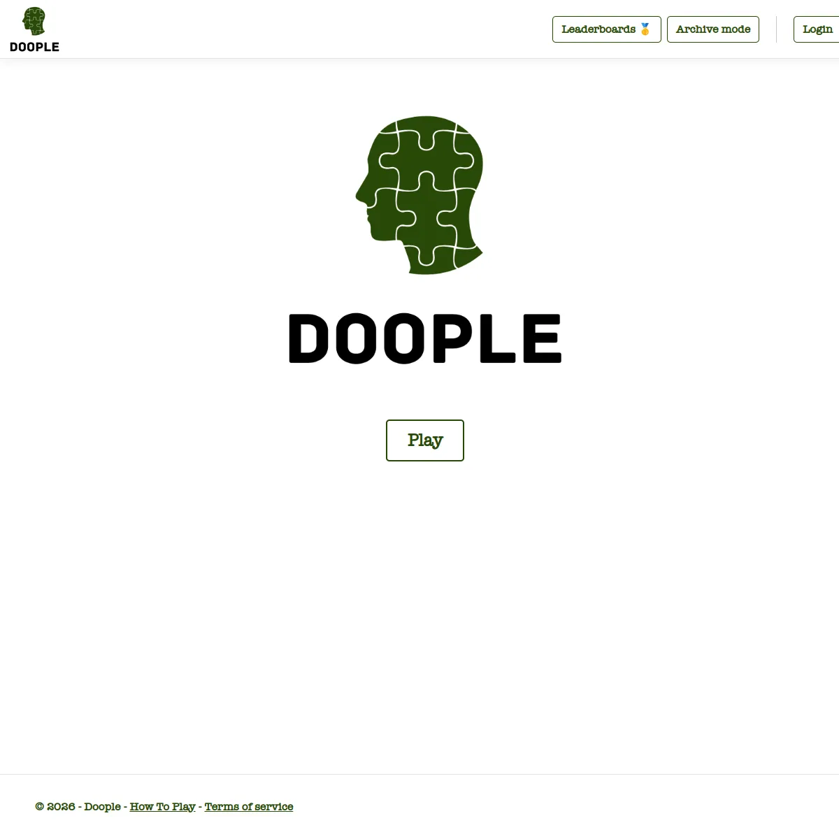 Doople home page with its green puzzle-head logo, a Play button, and Leaderboards and Archive mode links.
