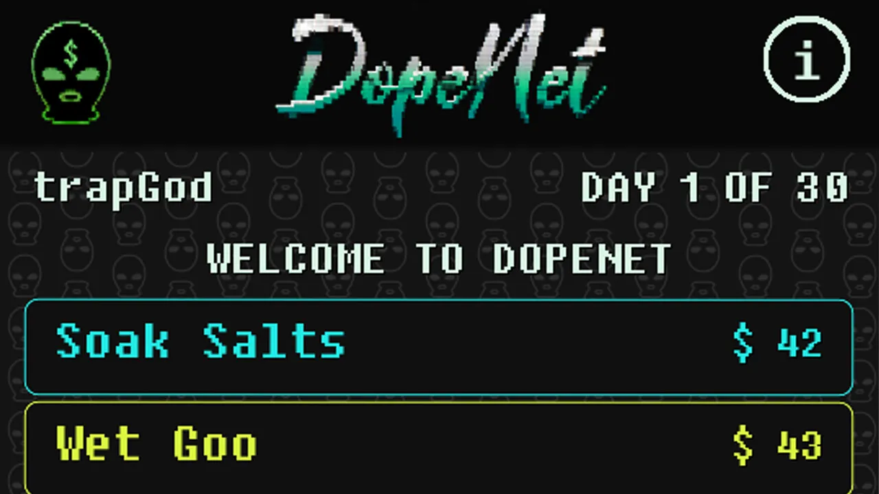 DopeNet on day 1 of 30: the Welcome to DopeNet market with Soak Salts at $42 and Wet Goo at $43