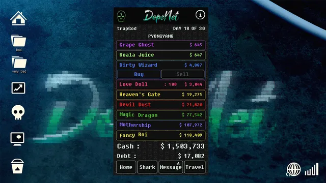 DopeNet market screen on day 18 of 30 with a list of goods and prices, cash and debt