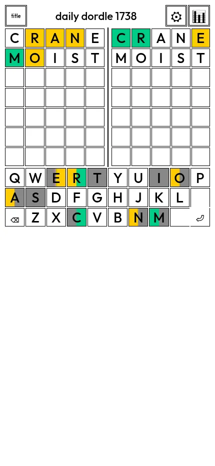 Daily Dordle 1738 at phone size after two guesses, both boards and the split-colour keyboard filling the screen