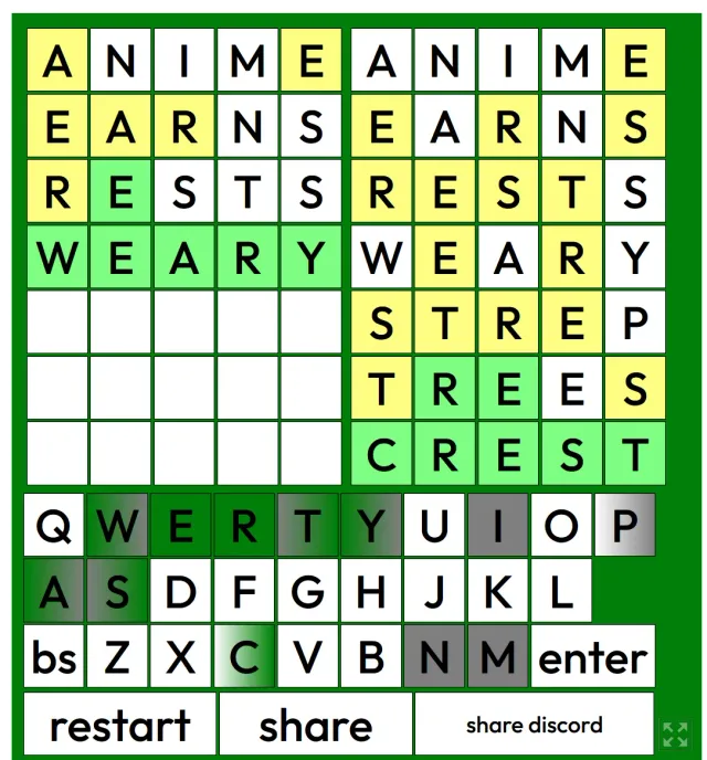 A Dordle game in progress: two five-letter word boards side by side with green and yellow tiles, the on-screen keyboard and restart and share buttons below