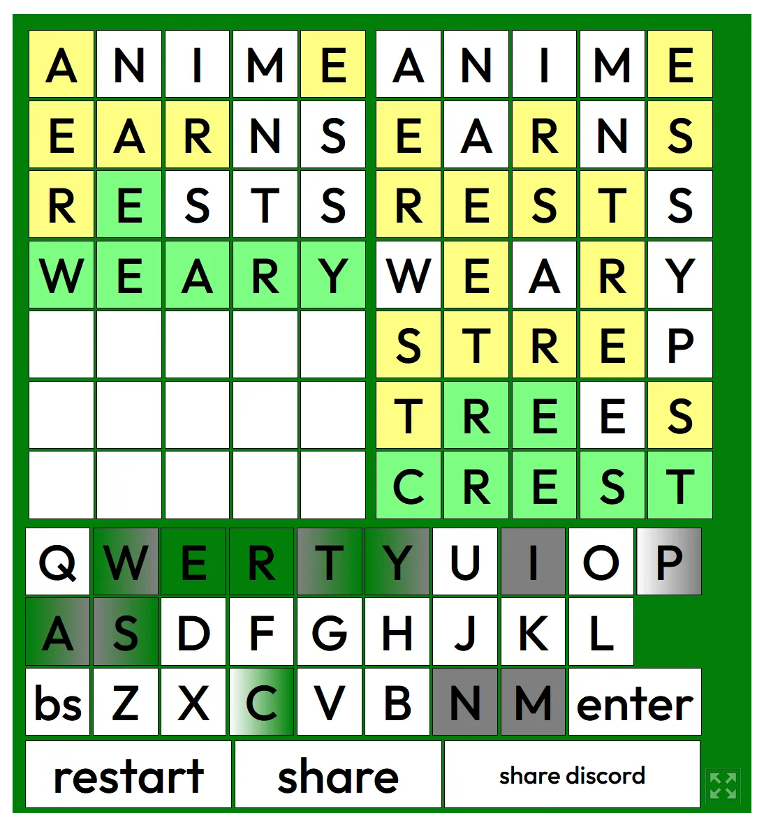 A Dordle game in progress with two coloured guess grids