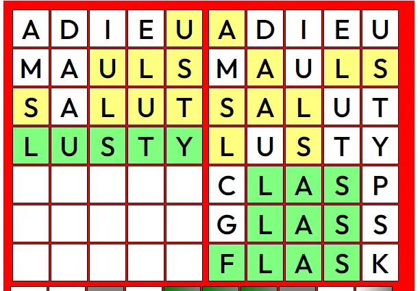 A second Dordle screenshot showing both boards