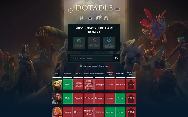 Today's Dotadle Classic board (25 October 2026) with three guesses, Pudge, Axe and Lina, their tiles in green and red, and the three clue counters above (quote in 3 tries, ability in 9, last in 15)