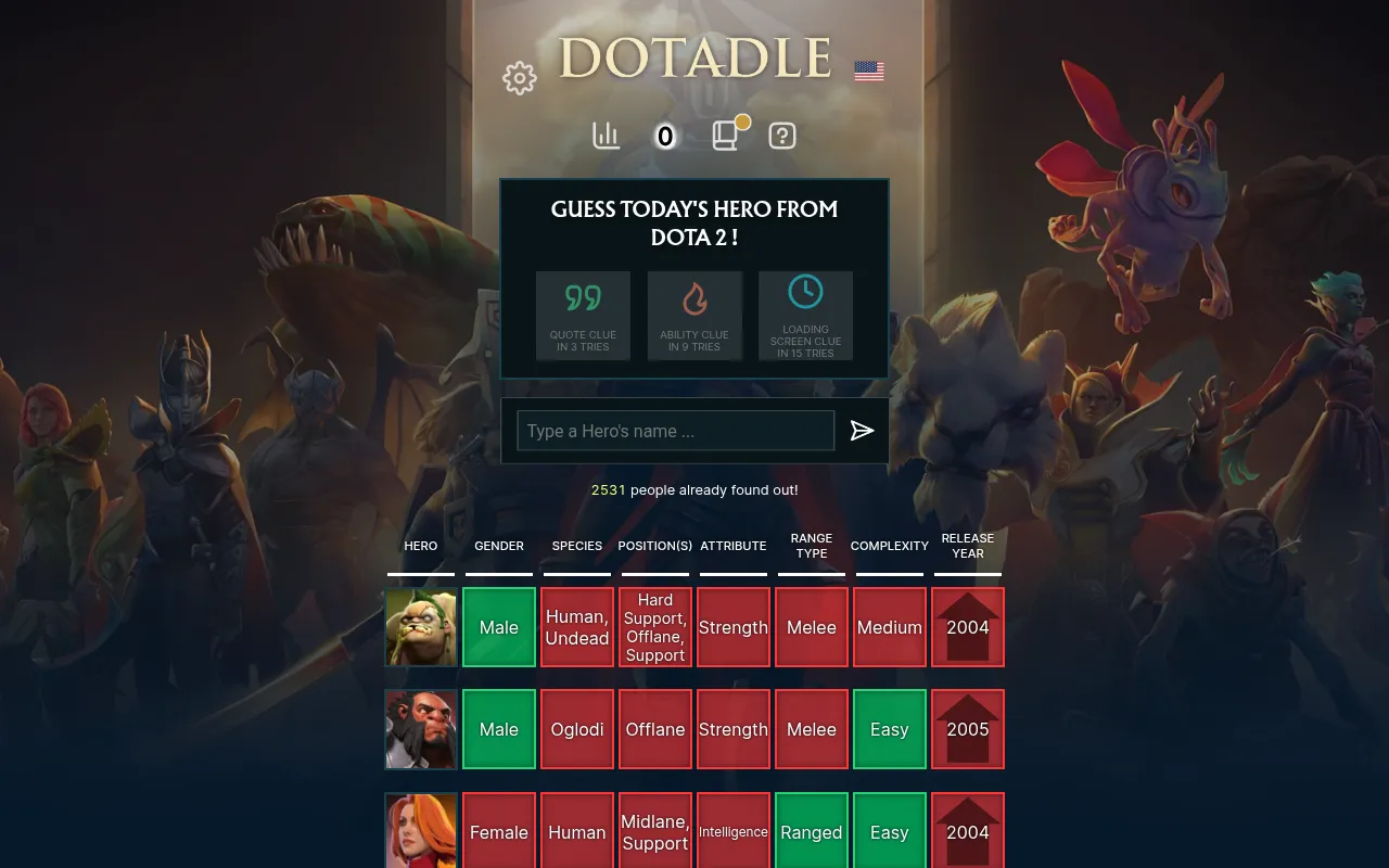 Today's Dotadle Classic board (25 October 2026) with three guesses, Pudge, Axe and Lina, their tiles in green and red, and the three clue counters above (quote in 3 tries, ability in 9, last in 15)