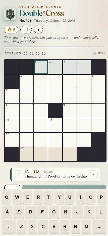 Double Cross No. 109 at phone size: the grid, the current clue card and the game's own on-screen keyboard