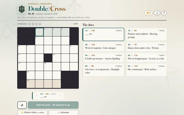 Double Cross No. 93: a seven-by-seven grid beside clue cards that each pair two answers