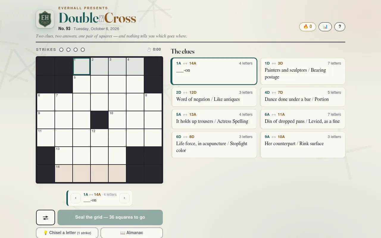 Double Cross No. 93: a seven-by-seven grid beside clue cards that each pair two answers